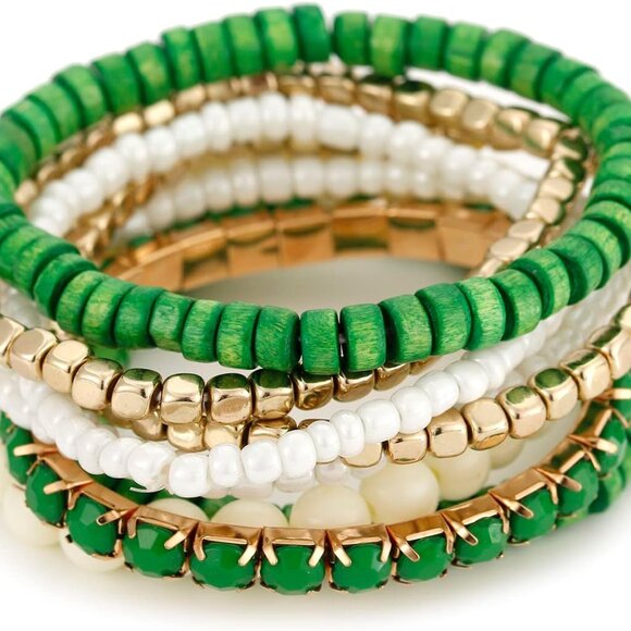Bohemian Beads Cube Multi Strand Stretch Stackable Bangle Bracelet Set - Picture 1 of 5
